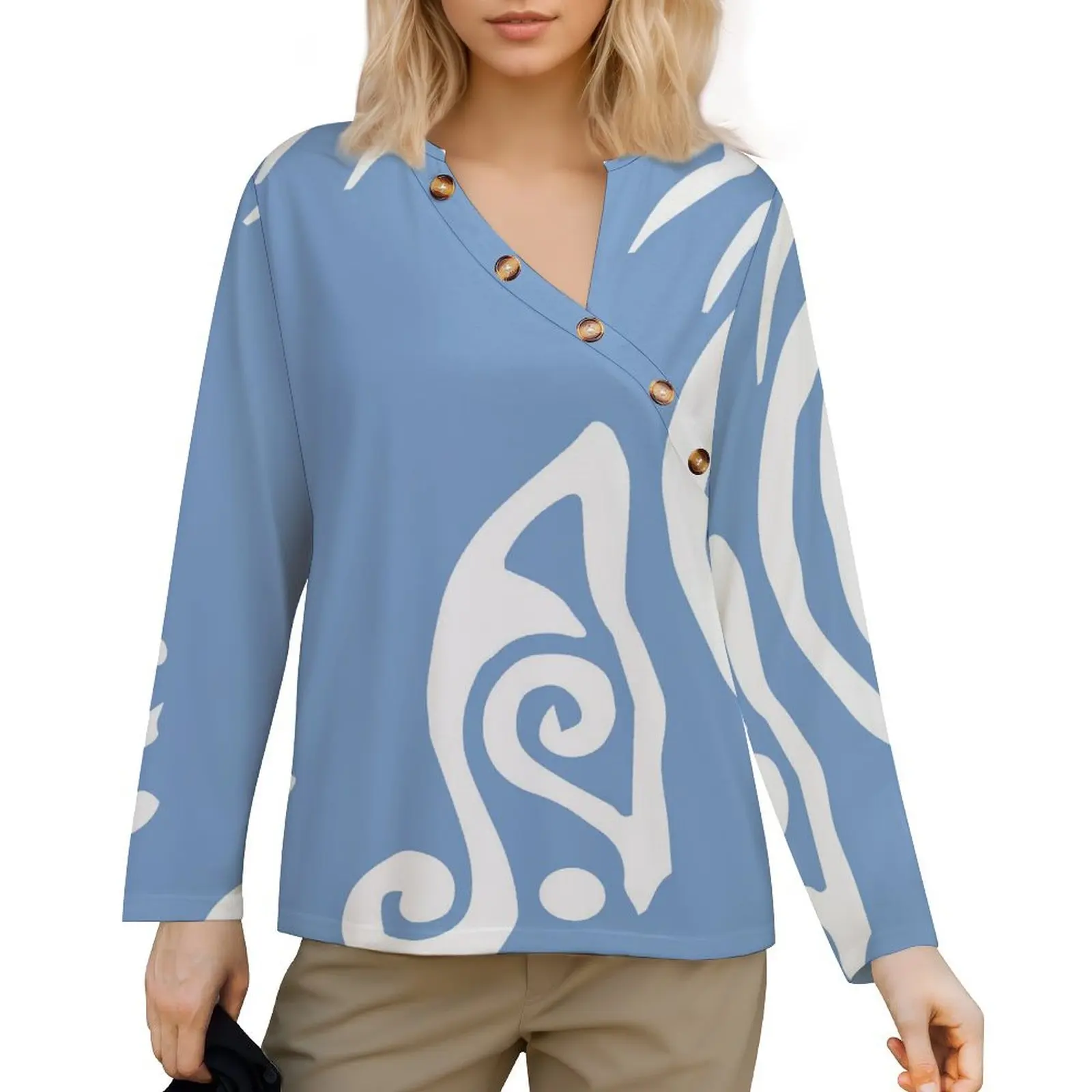 Five Button Diagonal Collar New Chinese Style Long Sleeve Top Polynesian Ladies Daily Commute Fashion Clothing Custom