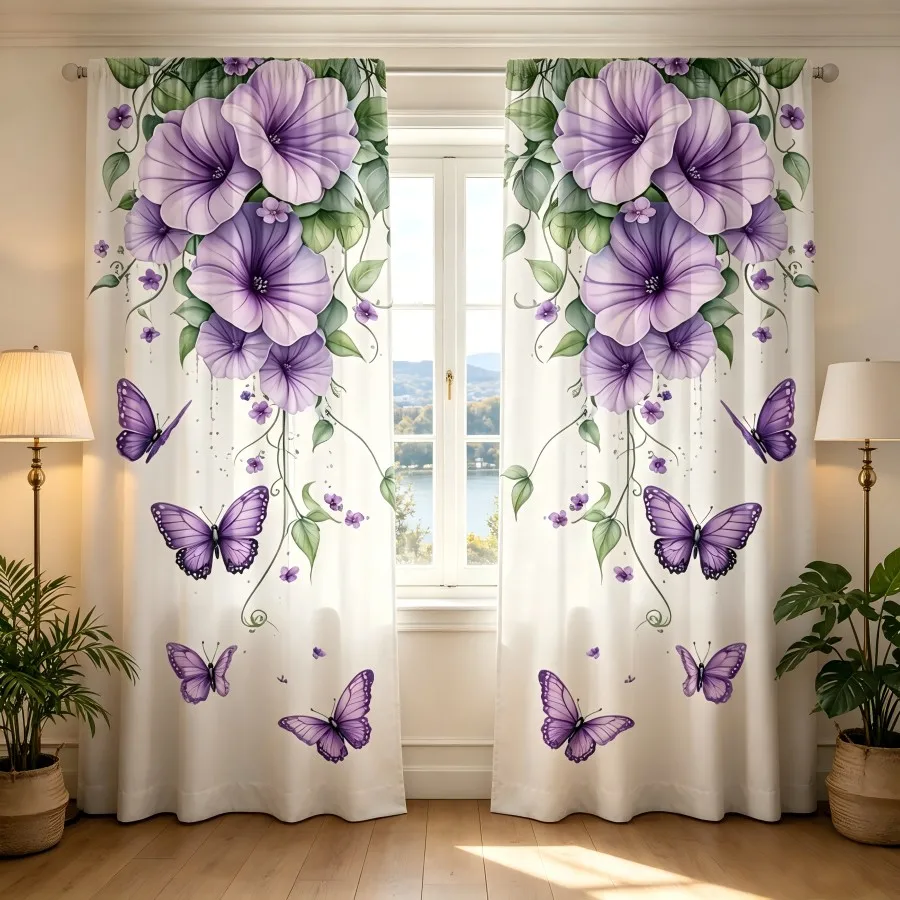 2PCS Digital Print  Curtain, Purple Morning Glory Butterfly, Modern Home Decor  Curtain for Bedroom Living Room