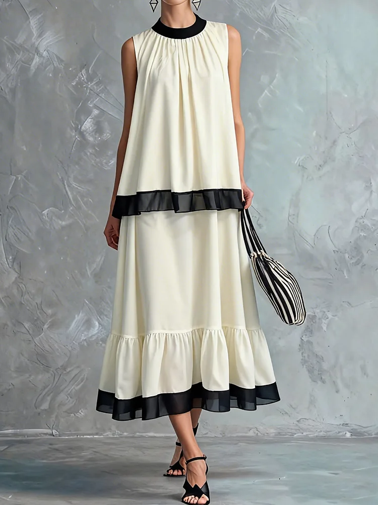 

Women's Summer O Neck Sleeveless Pullover Top And Maxi Skirt Two-Piece Set Loose Patchwork Casual Simple Streetwear Outfit 2026
