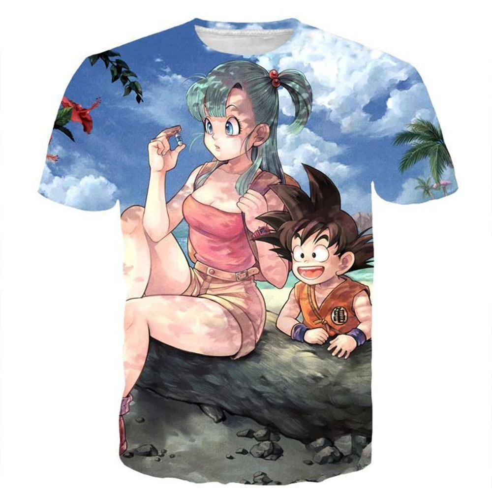 Japanisches Anime Dragon Ball Z T-Shirt mit Aufdruck von Bulma und Kid Goku auf einem Baum am Strand, für Kinder und Erwachsene, Cosplay-Oberteil