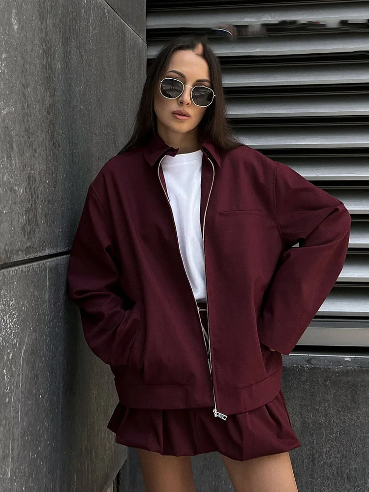 

HH Female Sets Wine Red Turn-Down Collar Long Sleeves Zipper Jackets+High Waist Pockets Lace-Up Skirt Women Fashion Suits