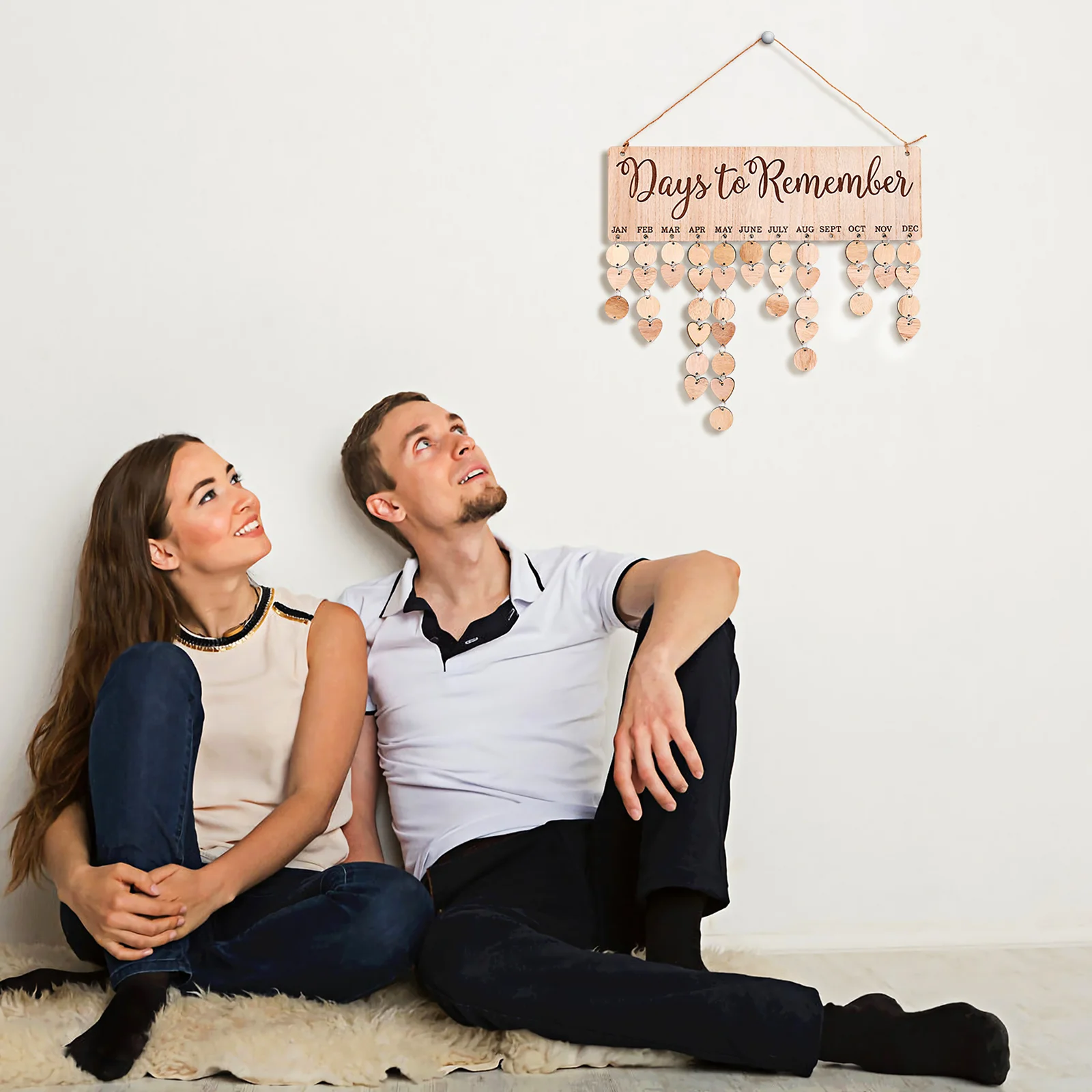 

Wooden Birthday Calendar Hanging Board Family Wall Plaque with Heart Round Slices Reminder Anniversary Wedding Home