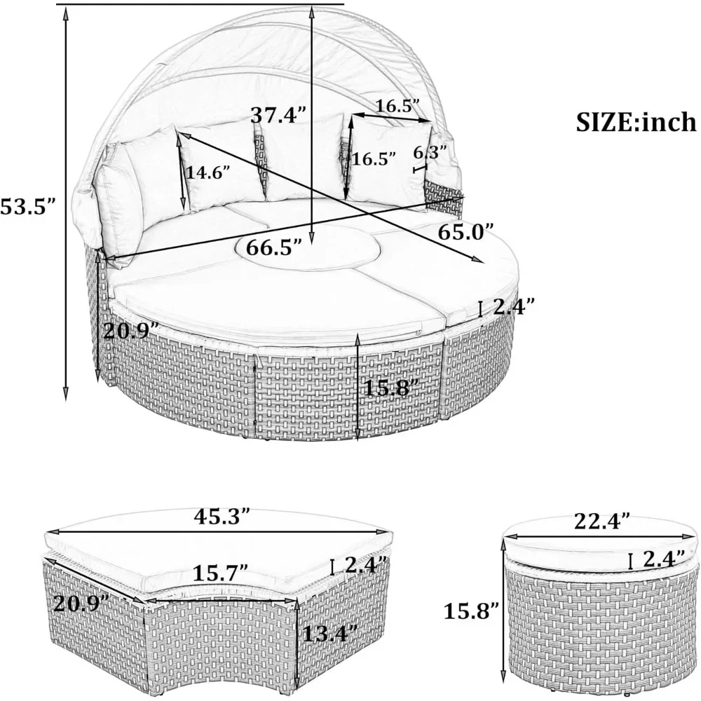 Patio Furniture Round Outdoor Sectional Sofa Set, Rattan Daybed Two-Tone Weave Sunbed with Retractable Canopy Separate Seating