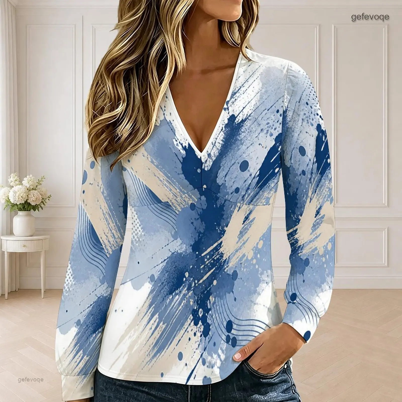 Women Abstract Blue Beige Ink Splash Printed V Neck Long Sleeve Slim Top