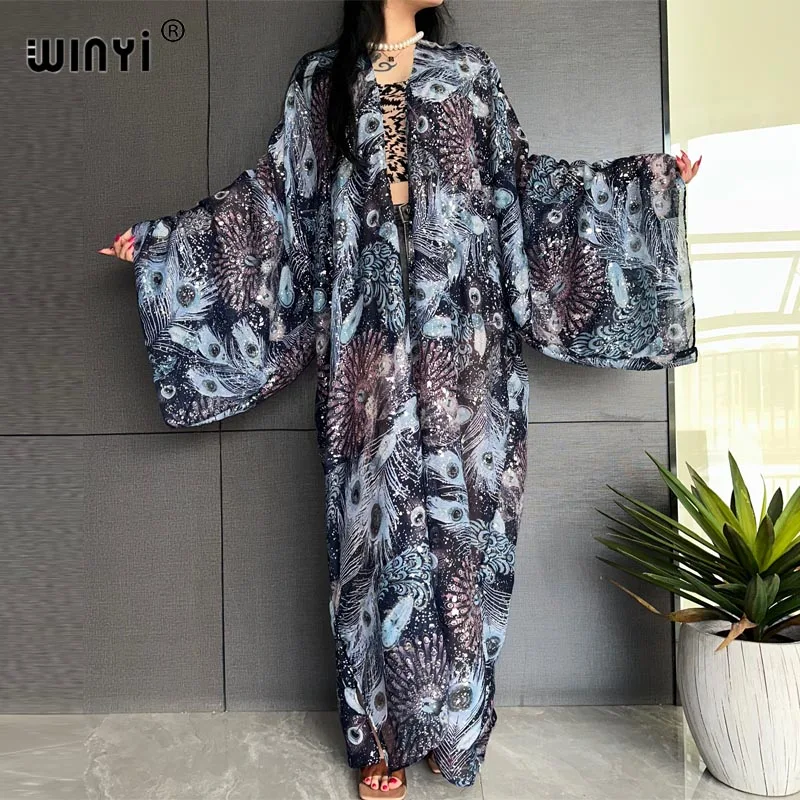 WINYI Africa z nadrukiem rozlanego atramentu brązujący nadruk z piór kobiety luźna sukienka impreza Boho Maxi wakacje na plaży futerał do pływania się Kimono