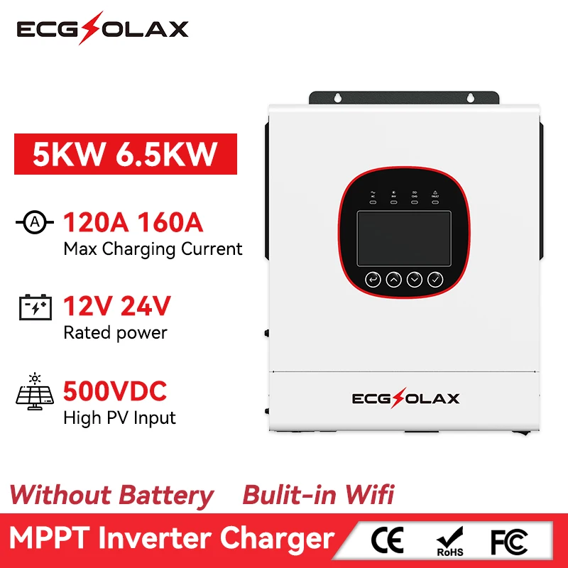 

ECGSOLAX 5KW 6.5KW Hybrid Solar Inverter 24V 48V 220Vac With MPPT 120A 160A Solar Charger Pure Sine Wave Inverter Built-in WIFI