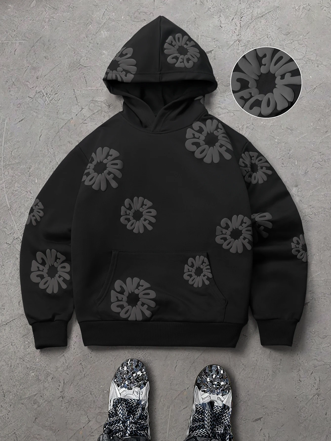 Men's Streetwear Hoodie Brand 3D Puff Print Floral Letter Polyester Black Kangaroo Pocket Pullover Hoodie S-2XL All Size 1Pc