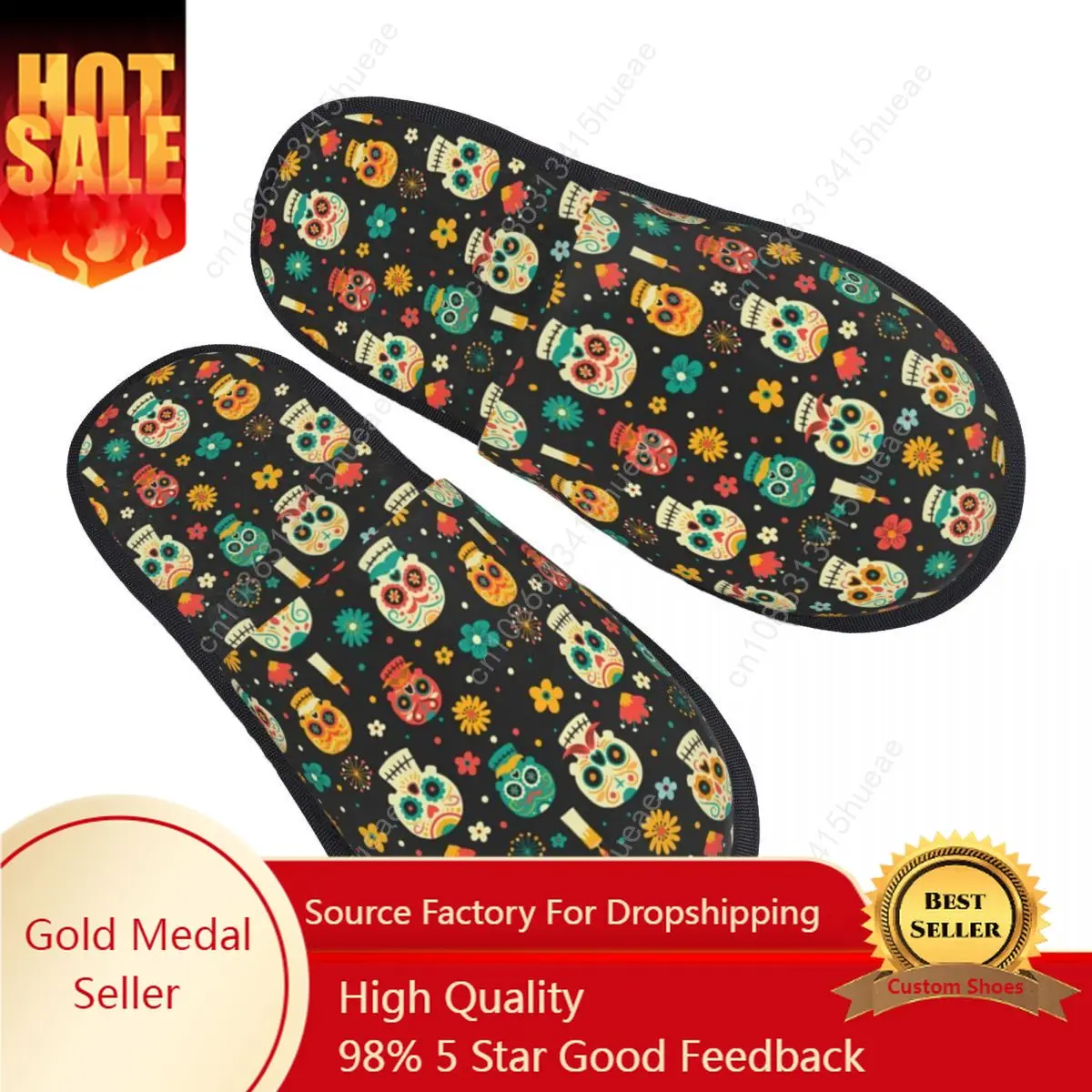 

Custom Mexican Flower Sugar Skull Memory Foam Slippers Women Cozy Warm Day Of The Dead House Slippers