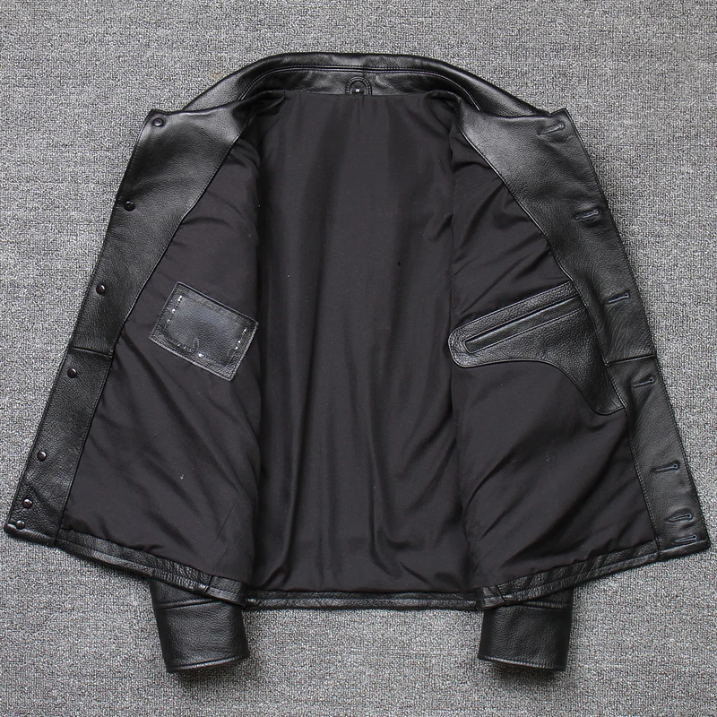

Genuine Leather Jaet Men's Retro Biker Coat RL Replied Collar Leatherwear ort Sli Urban Faion for Young Men