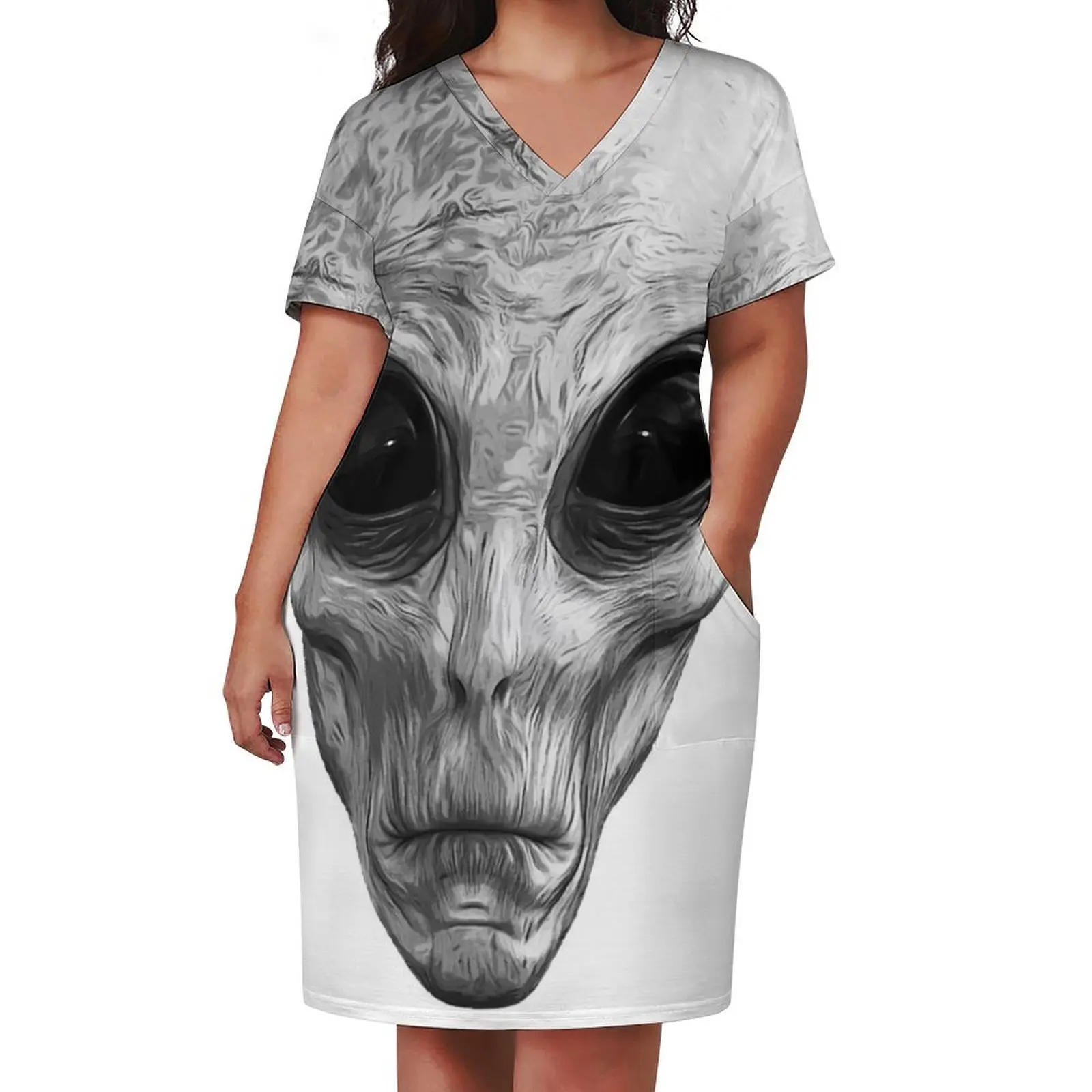 Alien Ufo Portrait black and white Loose Pocket Dress elegant chic wedding evening dresses womens clothing