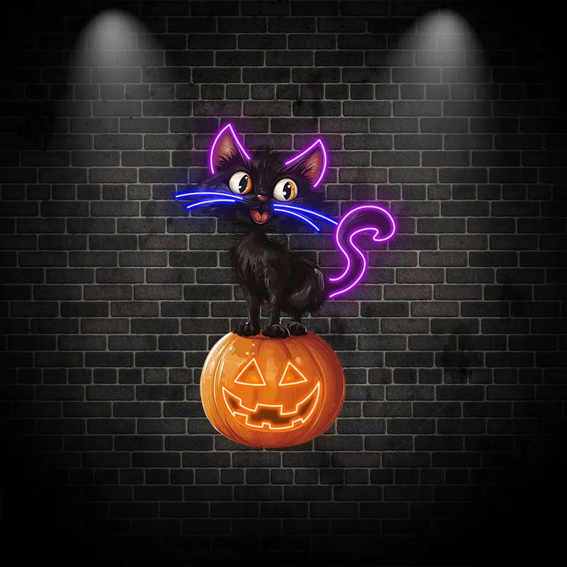 Halloween Cat and Pumpkin Neon Light - LED Wall Decoration for Spooky Halloween Parties, Indoor/Outdoor Decor, Fun and Festive