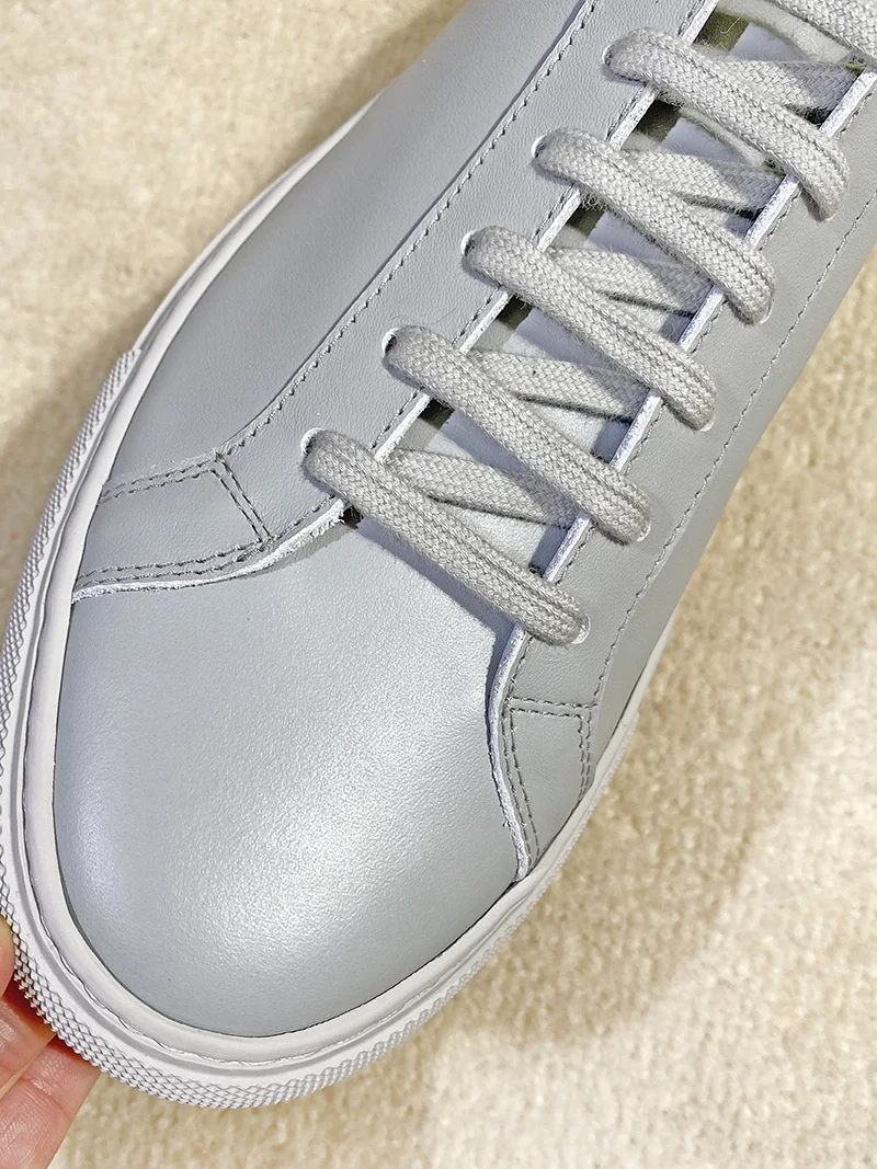 DONNAIN Daily Classic Milimalist Trainers Luxury Calfskin Handmade Unisex Casual Shoes Lace Up Flat Light Grey Sneakers Men