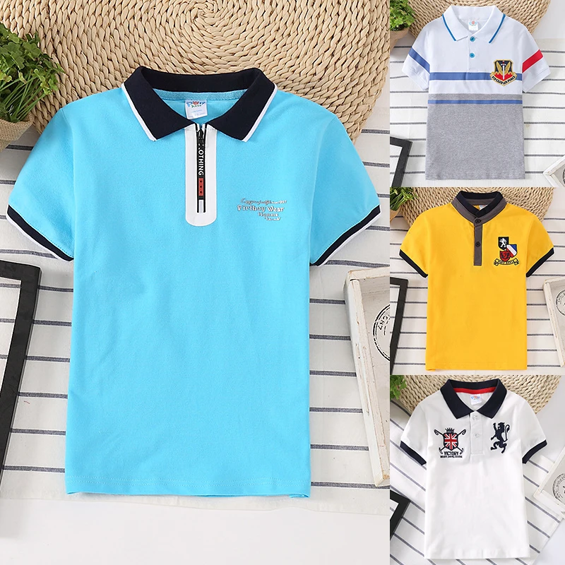 

Boys New T-shirt Summer Stripe Plaid T shirt Girls cotton Clothes England Style Tees Kids Turn-down Collar Children's Clothing