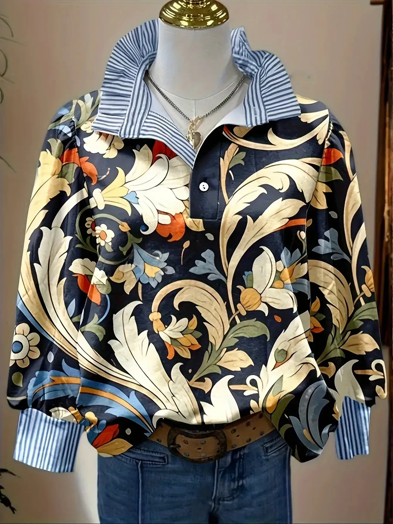 2026 Ladies' striped casual shirt with multi-color striped collar and Green/red geometric grid print,