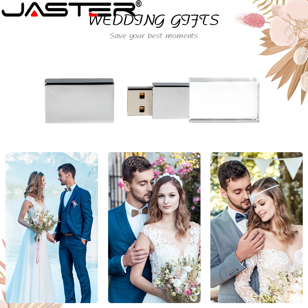 Janks stiker memori kristal USB 2.0, Flash Drive 128GB 64GB dengan lampu LED 32GB 16GB, stik memori kaca bening hadiah pernikahan