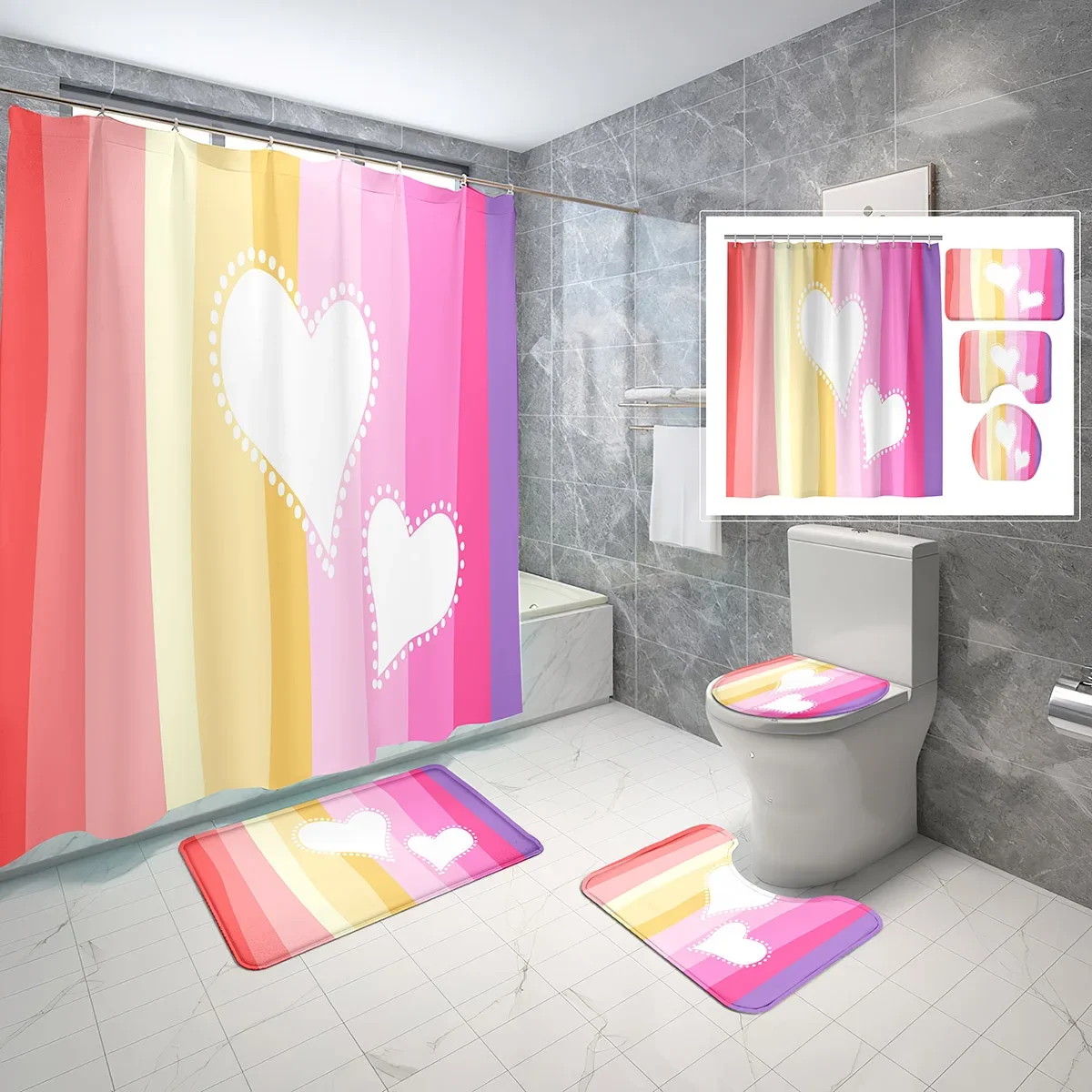 4 Pcs Pink Heart Shower Curtain Sets with Toilet Lid Cover and Non-slip Bath Mat Modern Lovers Waterproof Shower Curtain Set