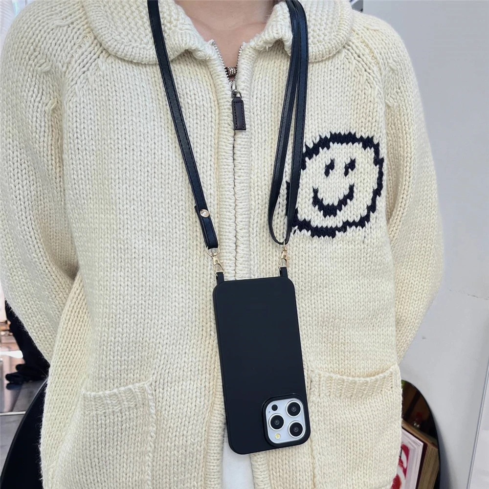 Crossbody Leather PU Chain Lanyard Necklace Soft Silicone Case For iPhone 16 15 11 12 13 14 Pro Max XS X Plus Solid Color Cover