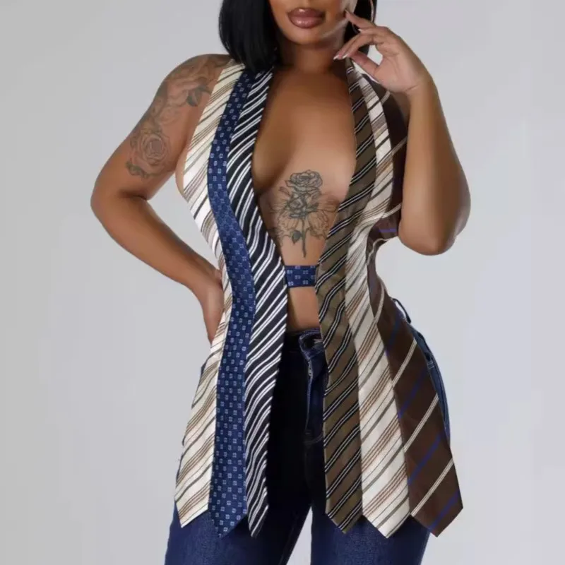 

2025 New Women's Backless V-Neck Tie Striped Padded Vest Sexy Western Style Eveningwear for Party & Daily