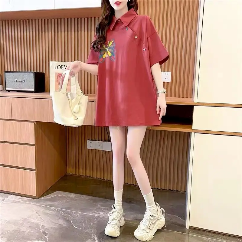 Design Sense T-shirt Women Niche Polo Collar Short-sleeved T Shirt 2026 Summer Korean Fashion Loose Mid-length Oversized Tops
