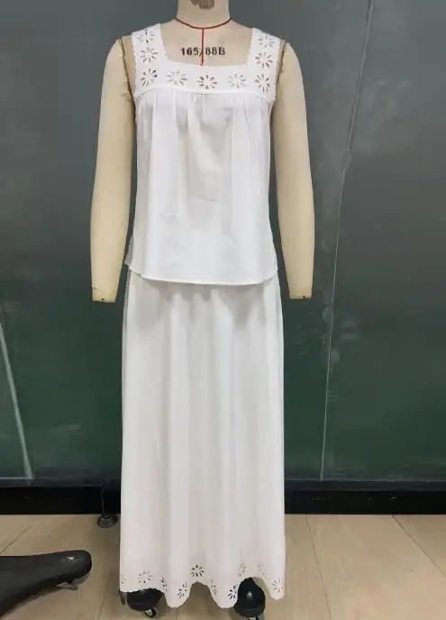 Summer Elegant Square Neck Hollowed Out Floral Vest and Straight Skirt Set for Women, Elegant Solid Color Casual 2-Piece Set