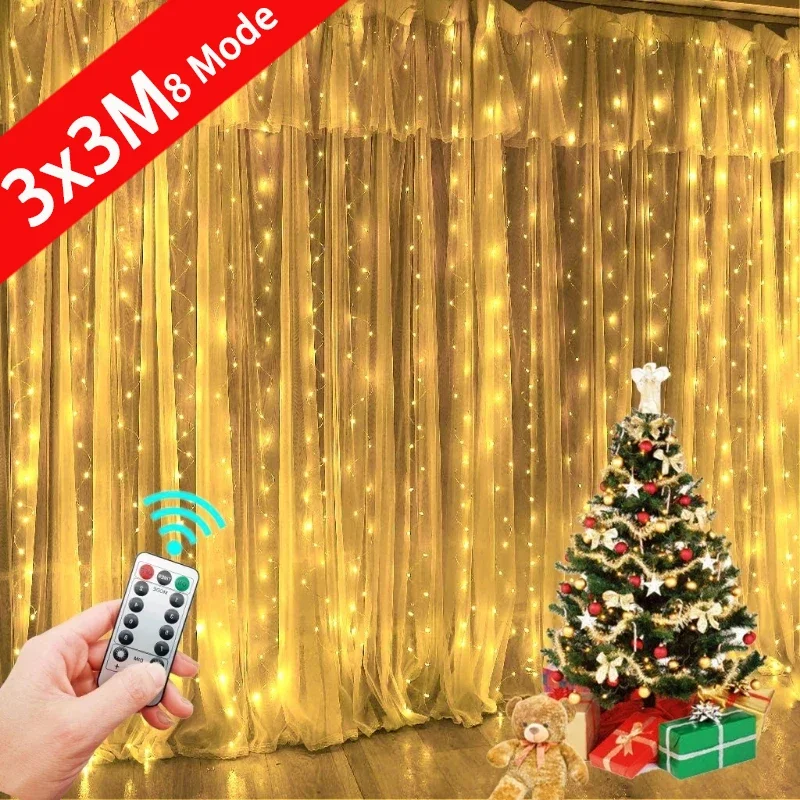 

3M USB Window Curtain Lights Remote Control 8 Modes Garland for Christmas Wedding Party Holidays Bedroom Decoration