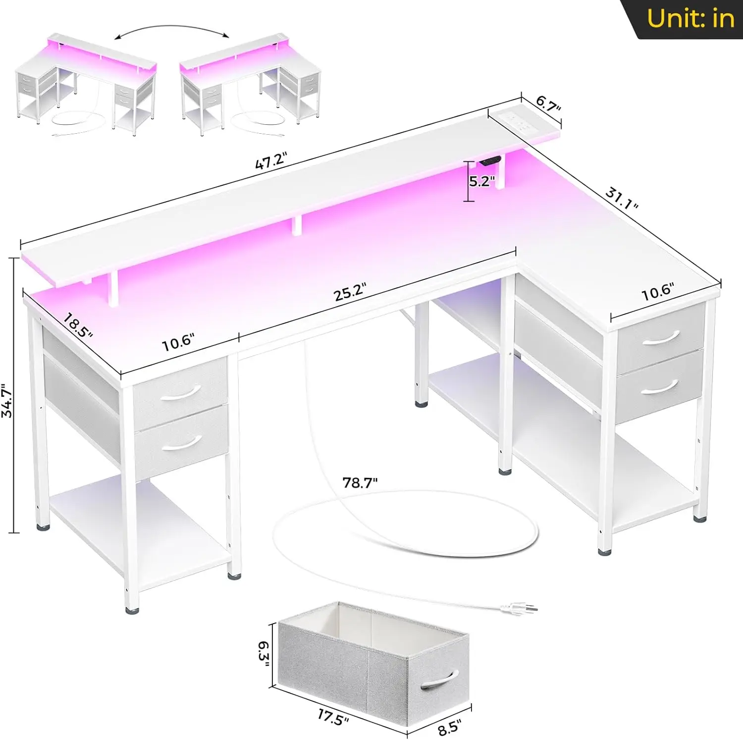 L Shaped Computer Desk with Drawers, Gaming Desk with Power Outlets & LED Lights, Reversible Office Desk with Storage Shelves