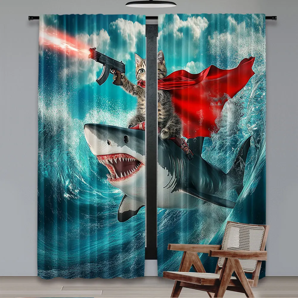 2Pcs Funny Pirate Cat Curtains For Curtains Cool Cat Riding Shark Whale In Universe Galaxy Hilariousfor Bedroom Living Room And