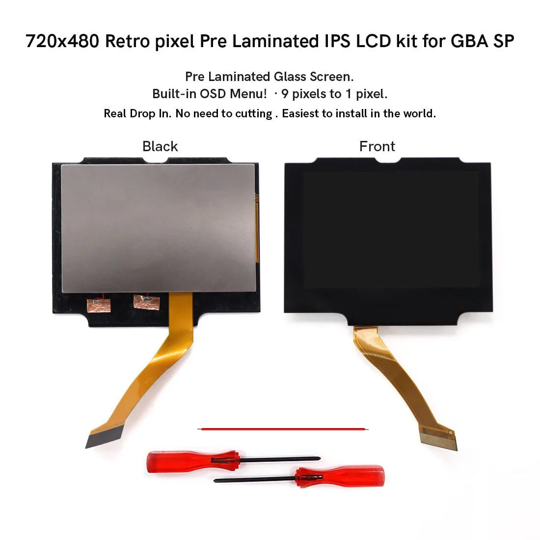 

Pre Laminated Retro Pixel 720x480 V5 Drop In IPS LCD Backlight For GBA SP Console For GBA SP LCD