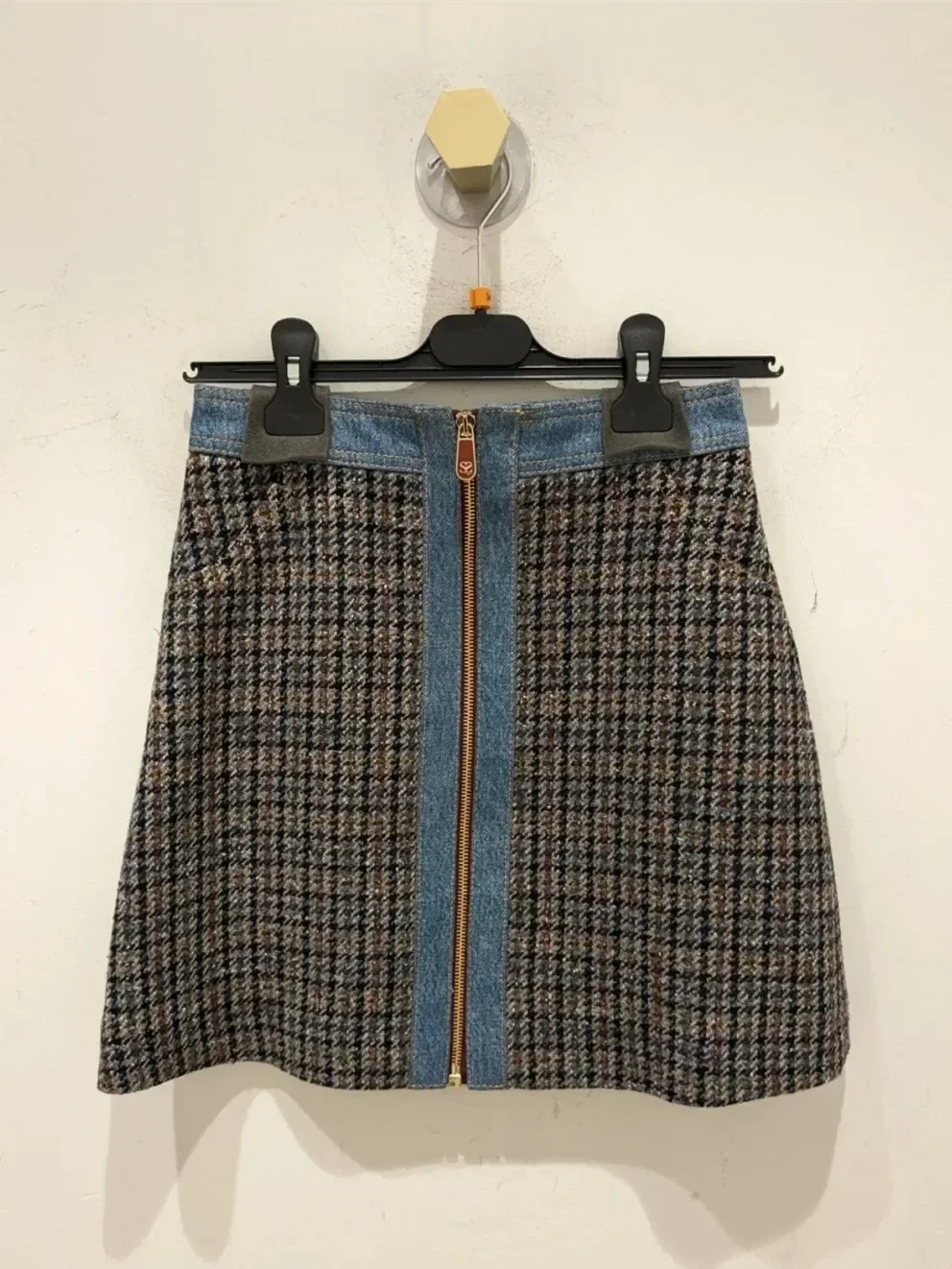 Houndstooth Women Zipper Mini Skirt Denim Splice A-Line Tweed Lady Fashion Jupe