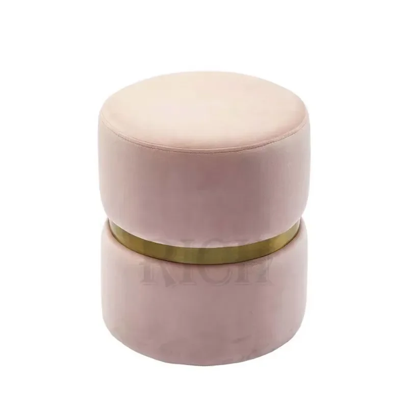 Round Velvet Footstool Soft Fabric Makeup Stool French Style Pink Ottoman for Living Room Bedroom Dressing Table Accent Chair