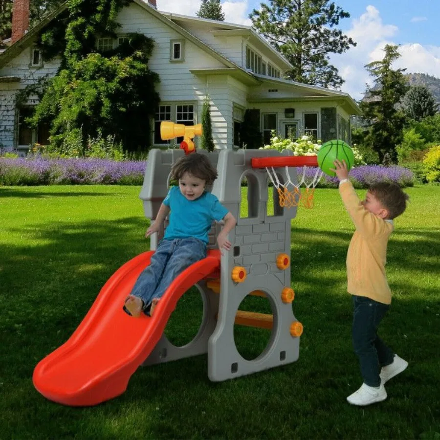 Juego de tobogán escalador para niños pequeños 5 en 1 con aro de baloncesto y telescopio