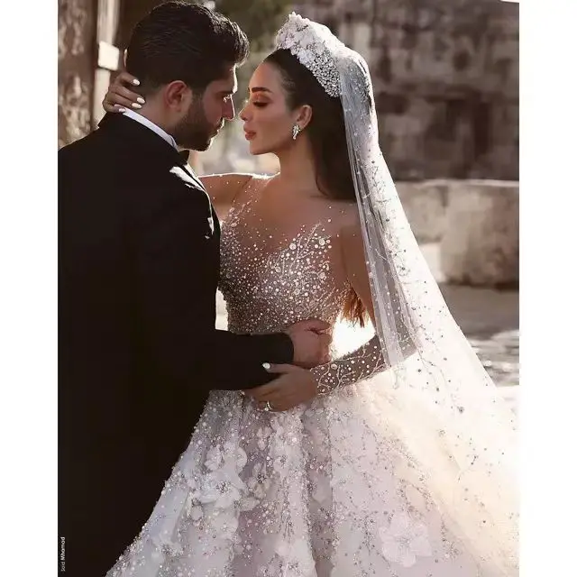 Exquisite Arabic Dubai Wedding Dress Sheer V-neck Illusion Sleeves Flowers Tulle Princess Birde Bridal Gowns Vestido De Novia