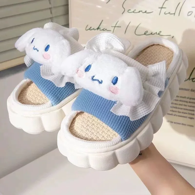 Sanrio  Linen Slippers Hello Kittys Kuromi Cute Student Autumn Winter Bedroom Soft Bottom Bedroom Aldult Shoes Girls Xmas