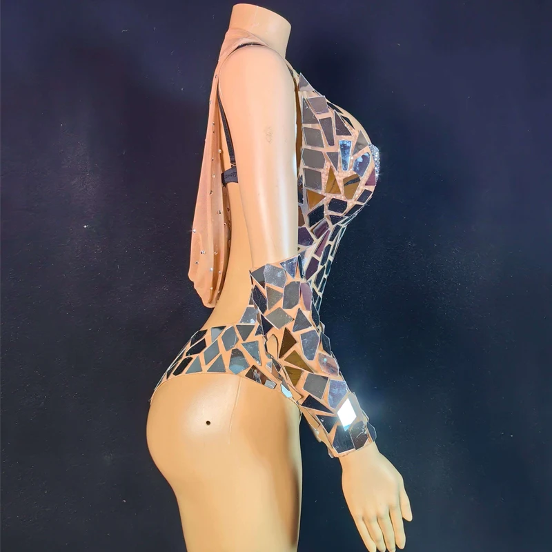 Women Group Jazz Dance Outfit Mirrors Bodysuit Rhinestones Bra Nightclub Ds Dj Gogo Dance Costume Stage Rave Outfits XS9750