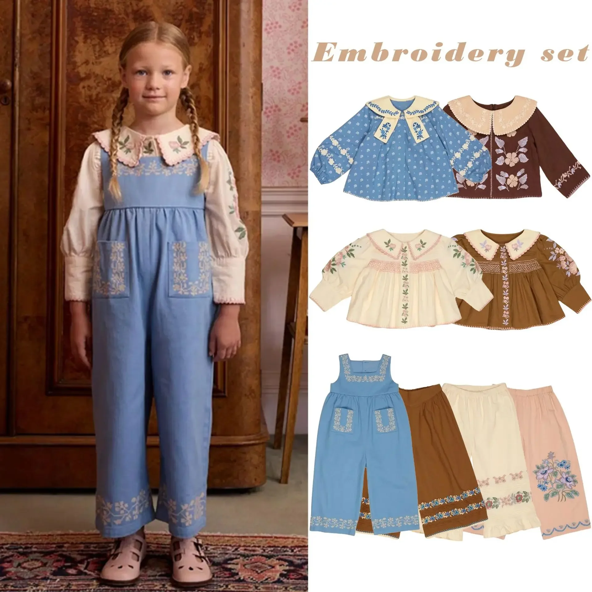 Children's Clothing Shirt 2026 Winter New Printed Embroidery Wrap Long Sleeve Doll  Cotton Thickened Vintage Blue Suspenders Set