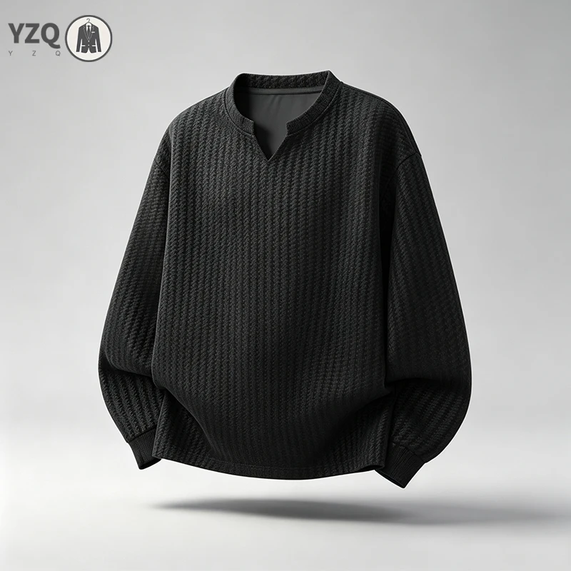 Mens V Notch Neck Striped Knit Top Long Sleeve Loose Fit Textured Material Daily Casual Outer Wear Shirt