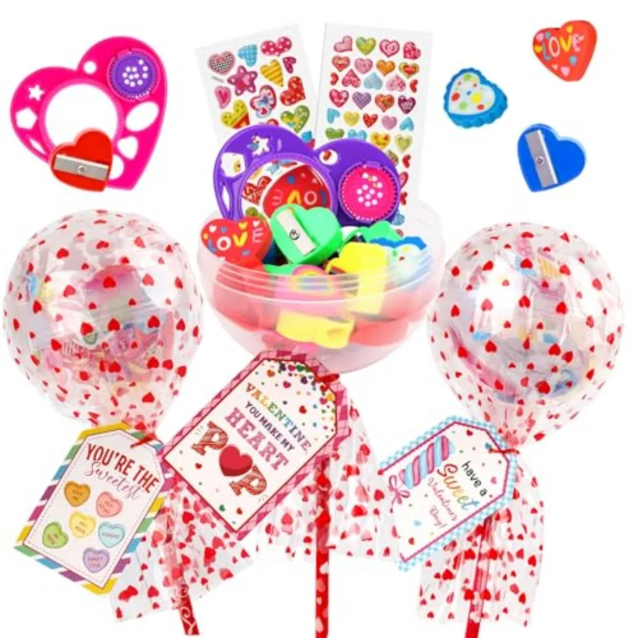 

28 Pack Valentine's Day Gifts for Classroom Giant Lollipop Stationery Sets with Valentine Cards Pencils Erasers Stickers Rulers