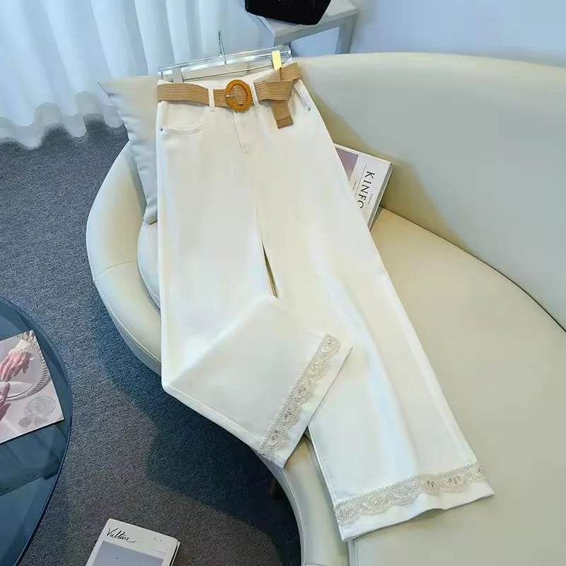 جديد صيف 2026 جينز نسائي واسع الساق رفيع عالي الخصر من الدانتيل سروال مستقيم للسيدات فضفاض غير رسمي مناسب لجميع المباريات بنطلون نسائي #5