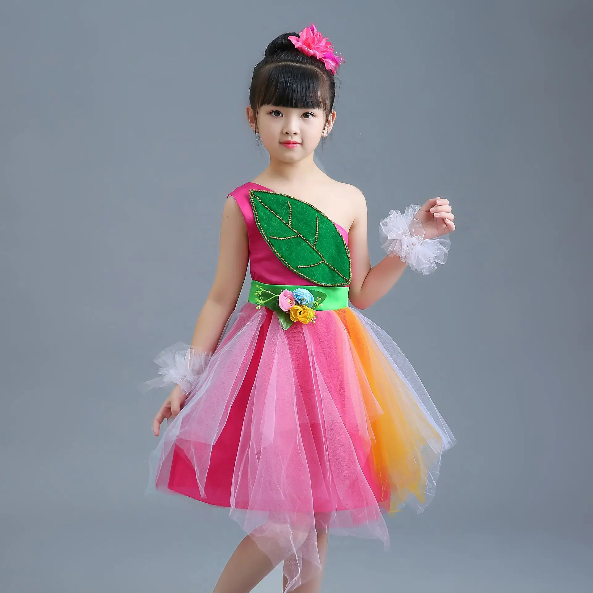 Girl's Stage Performance Fancy Dress Sleeveless One Shoulder Dance Gauze Dresses Fashion Children Traditional Folk Dancewear