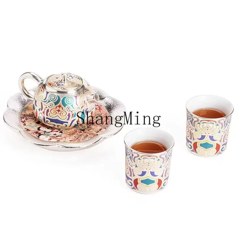 

PYH Master Dunhuang Silver Pot Handmade Silver Tea Set Gift Portable Ceramic Kung Fu Tea Set Gift Box
