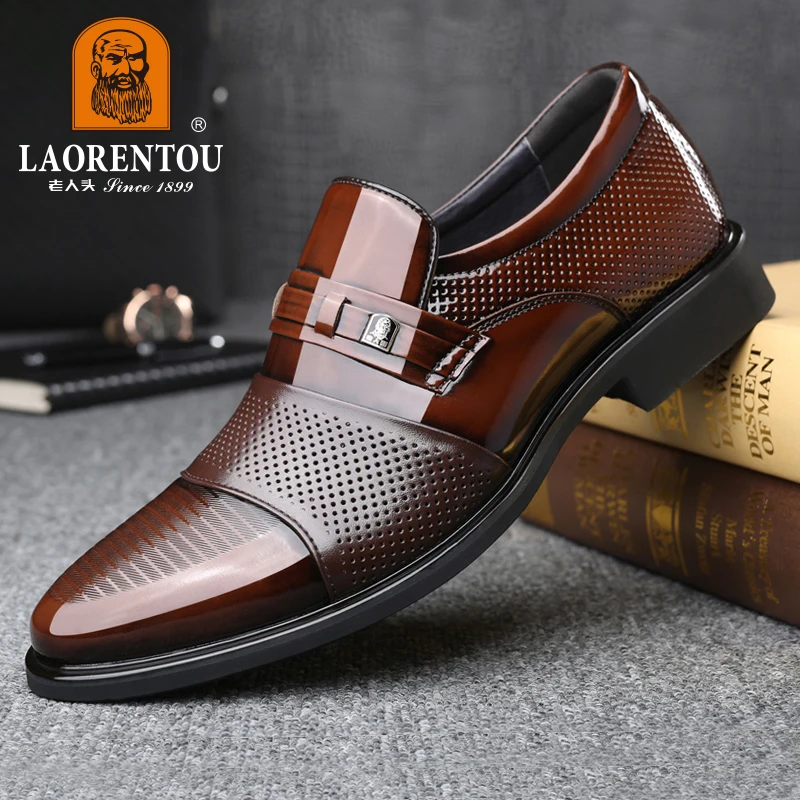 LAORENTOU genuine leather hollowed out breathable formal shoes for commuting, anti slip and wear-resistant Derby shoes 77021