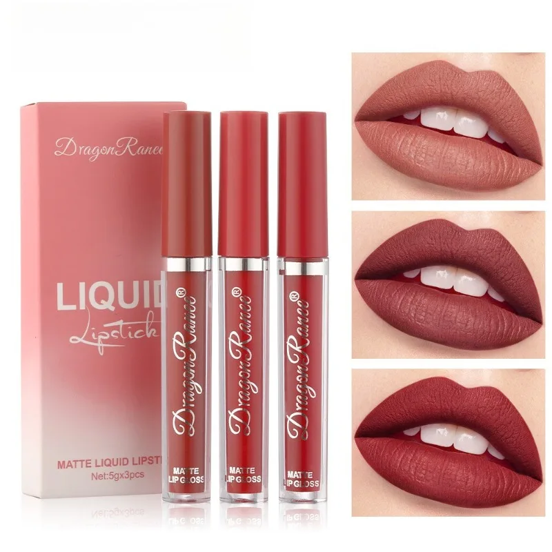 Lipgloss-Set, 3-farbiger Lippenstift, samtmattes Finish, glatt und langlebig, wasserfest, entfärbt nicht leicht, Weihnachtsgeschenkbox-Set