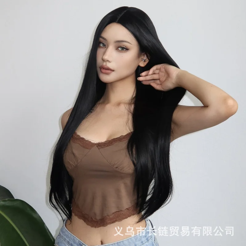 

Lightly European-style waist-length black middle-parted long straight hair wig, full head for women, made of natural Chinese sil