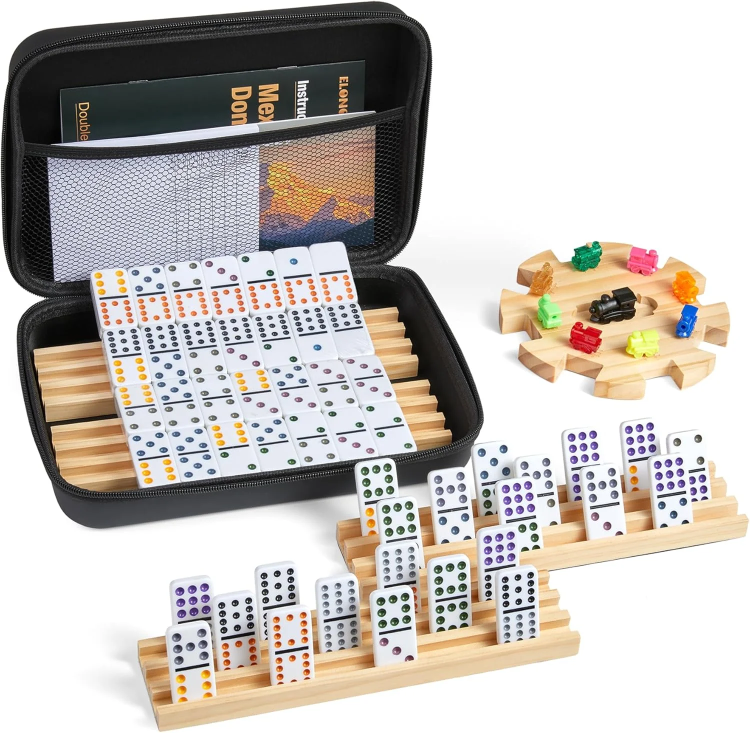 Mexican Train Double 12 Dominoes Set with 4 Wooden Trays/Racks in Portable Carrying Case Colorful 91 Tiles & 9 Trains Board Game