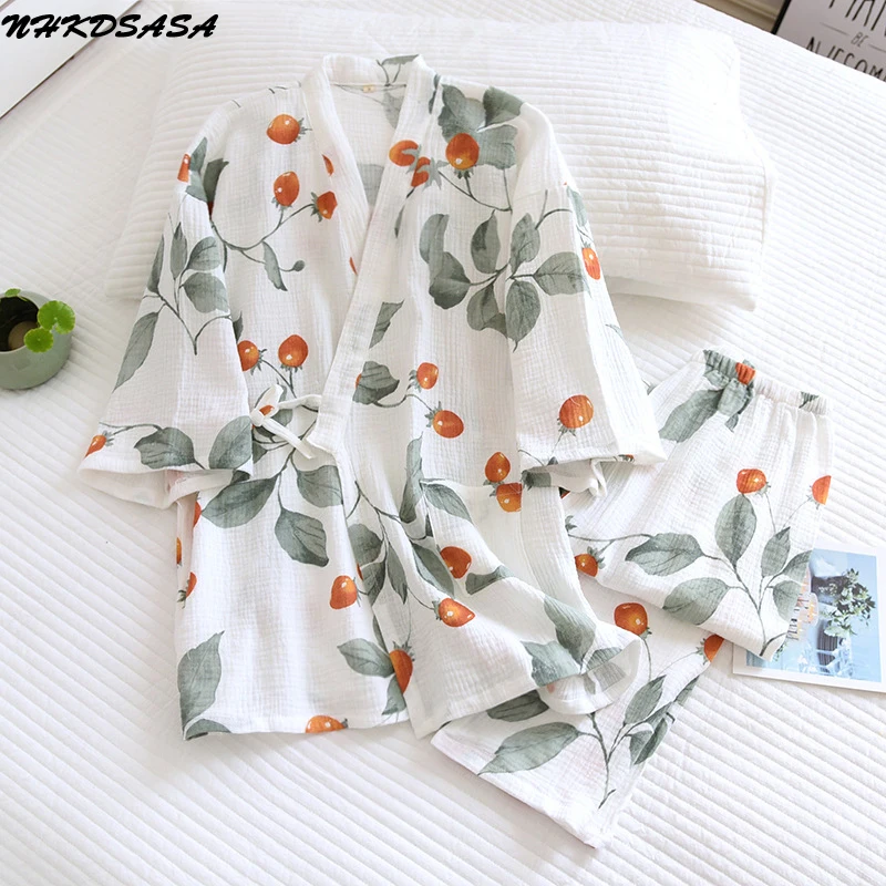 Women 2 Piece Sleepwear Spring And Summer Pure Cotton Yarn Kimono Pajamas V-Neck Printing Plus Size Pijama Mujer Loungewear
