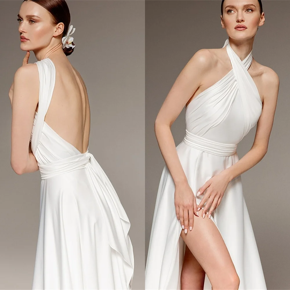 

Customized Soft White Wedding Dresses Romantic Halter Heavy Industry Wedding Dresses Backless Open Back Special Occasion Gowns
