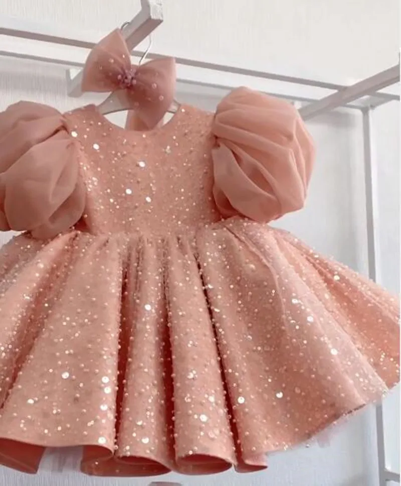 Puff Sleeve Blush Pink Sequin Dress Stylish Kids Flower Girl Host Piano Performance Toddler Princess Costume Photo Shoot Clothes