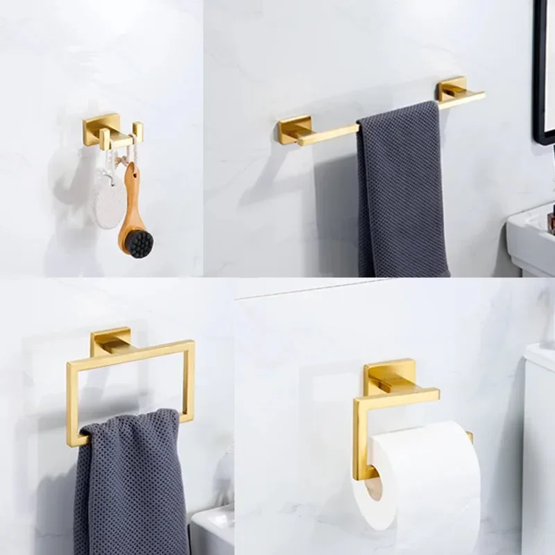 Set di accessori per il bagno in nastro oro nero Porta asciugamani in acciaio inossidabile Porta rotolo di carta Anello portasciugamani Gancio per