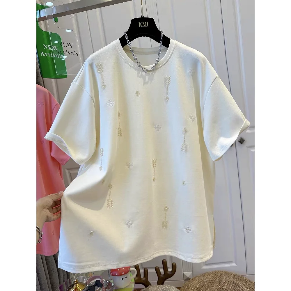 2026 Spring and Summer New Style Pure Cotton Loose Beaded Short-sleeved Fashionable T-shirt Female Top view 5
