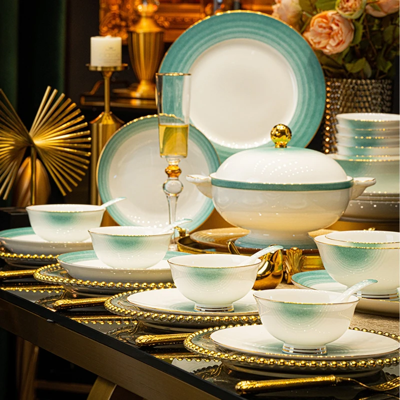 chinese plates dinner sets light luxury bone china ceramic tableware dinner breakfast set ceramic aparelho de jantar Bowl set
